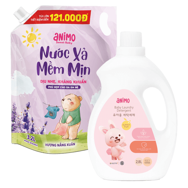 Combo 1 Nước xả dịu nhẹ kháng khuẩn lưu hương Animo hương Nắng Xuân 3.2L (Tím) và 1 Nước giặt cho bé Animo hương trái cây mùa hè chai 2,8L