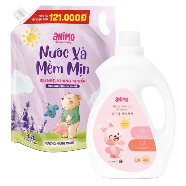 Combo 1 Nước xả dịu nhẹ kháng khuẩn lưu hương Animo hương Nắng Xuân 3.2L (Tím) và 1 Nước giặt cho bé Animo hương trái cây mùa hè chai 2,8L