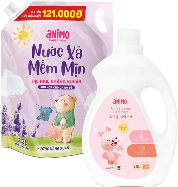 Combo 1 Nước xả dịu nhẹ kháng khuẩn lưu hương Animo hương Nắng Xuân 3.2L (Tím) và 1 Nước giặt cho bé Animo hương trái cây mùa hè chai 2,8L