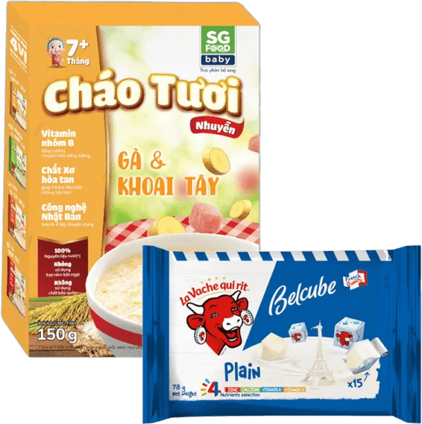 Combo 1 Phô mai Con Bò Cười vuông Belcube vị truyền thống 78g và 1 Cháo tươi trẻ em SG Food vị Gà & Khoai tây (150g)