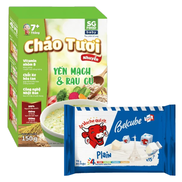Combo 1 Phô mai Con Bò Cười vuông Belcube vị truyền thống 78g và 1 Cháo tươi trẻ em SG Food vị Yến mạch & Rau củ (150g)