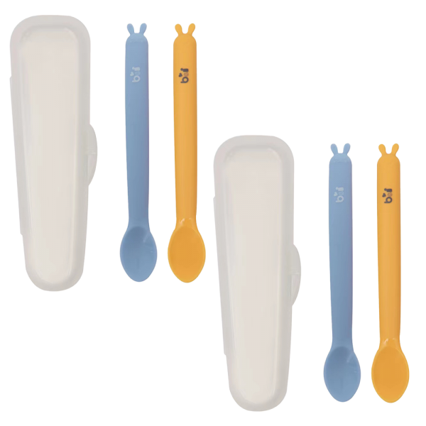 Combo 2 Bộ 2 muỗng silicone tai thỏ Baby&I Hàn Quốc (xanh + vàng)