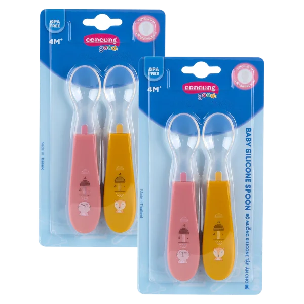 Combo 2 Bộ muỗng Silicone ConCung Good tập ăn cho bé (hồng và vàng)