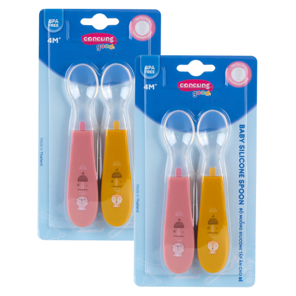 Combo 2 Bộ muỗng Silicone ConCung Good tập ăn cho bé (hồng và vàng)