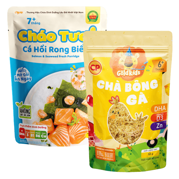 Combo 1 Cháo tươi cá hồi rong biển và 1 Chà bông gà Goldkids 50gr