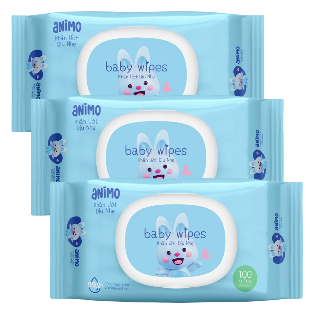 Combo 3 Khăn Ướt Dịu Nhẹ Animo không mùi (100 tờ)