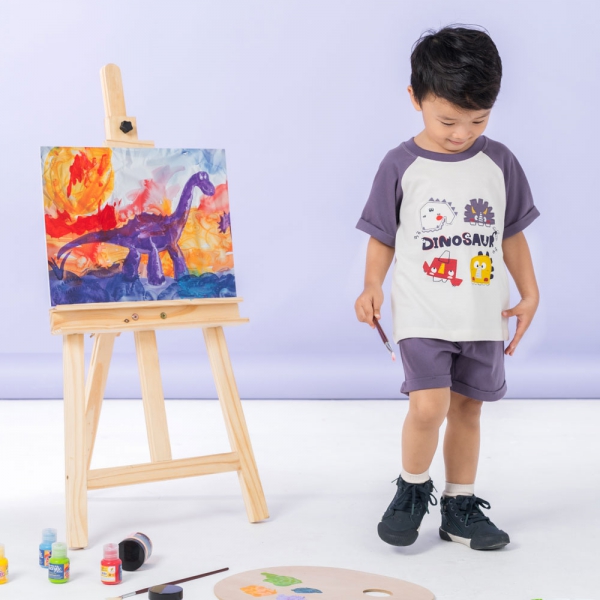 Bộ bé trai ngắn Dino Animo HN0524002 (6M-6Y,Kem phối tím)