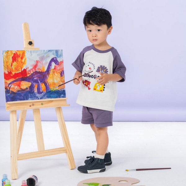 Bộ bé trai ngắn Dino Animo HN0524002 (6M-6Y,Kem phối tím)