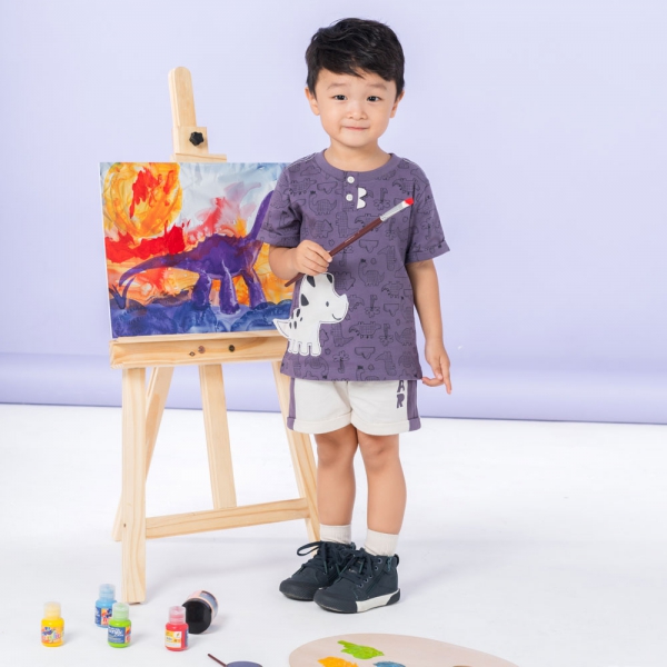 Bộ bé trai ngắn Dino Animo HN0524005 (6M-6Y,Kem phối tím)