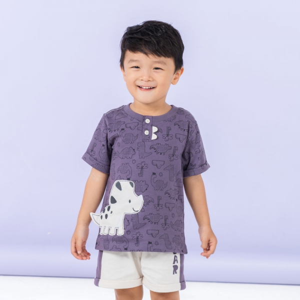 Bộ bé trai ngắn Dino Animo HN0524005 (6M-6Y,Kem phối tím)