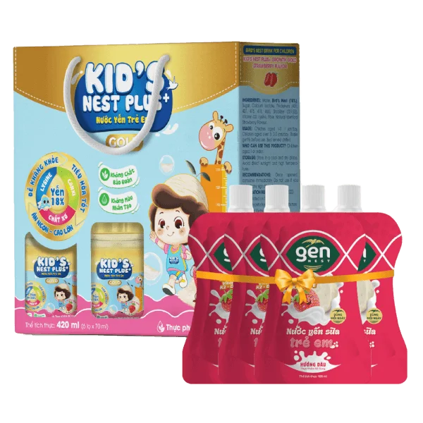 Nước Yến Kids Nest Plus+ Growth Gold Hương D&acirc;u 18% (Lốc 6 tặng 4 t&uacute;i) (Giao qu&agrave; tặng ngẫu nhi&ecirc;n)