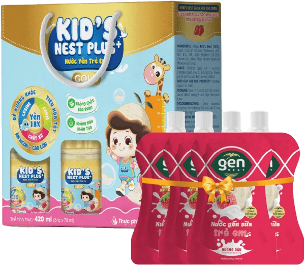 Nước Yến Kids Nest Plus+ Growth Gold Hương Dâu 18% (Lốc 6 tặng 4 túi) (Giao quà tặng ngẫu nhiên)