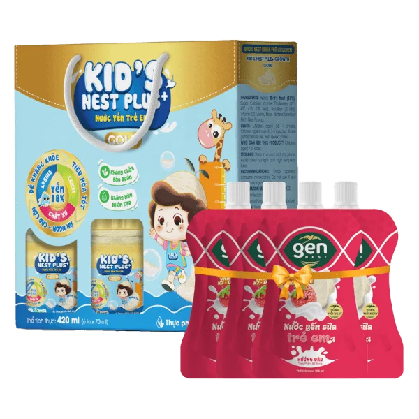 Nước Yến Kids Nest Plus+ Growth Gold Hương Tự nhiên 18% (Lốc 6 tặng 4 túi) (Giao quà tặng ngẫu nhiên)