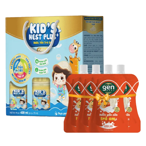 Nước Yến Kids Nest Plus+ Growth Gold Hương Tự nhiên 18% (Lốc 6 tặng 4 túi) (Giao quà tặng ngẫu nhiên)