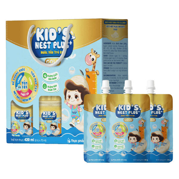 Nước Yến Kids Nest Plus+ Growth Gold Hương Tự nhiên 18% (Lốc 6 tặng 3 túi)