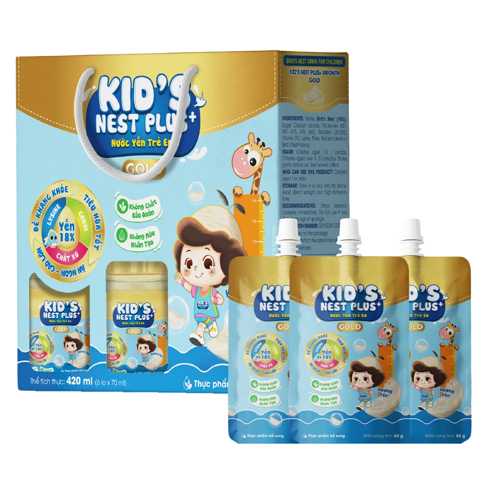Nước Yến Kids Nest Plus+ Growth Gold Hương Tự nhiên 18% (Lốc 6 tặng 3 túi)