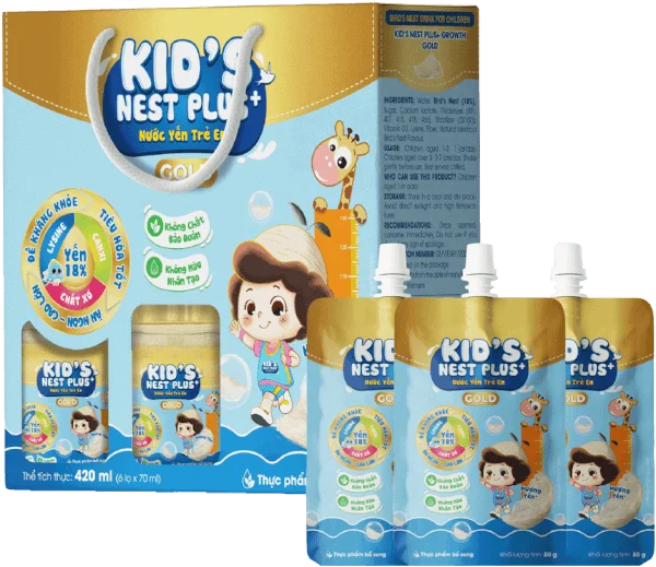 Nước Yến Kids Nest Plus+ Growth Gold Hương Tự nhiên 18% (Lốc 6 tặng 3 túi)