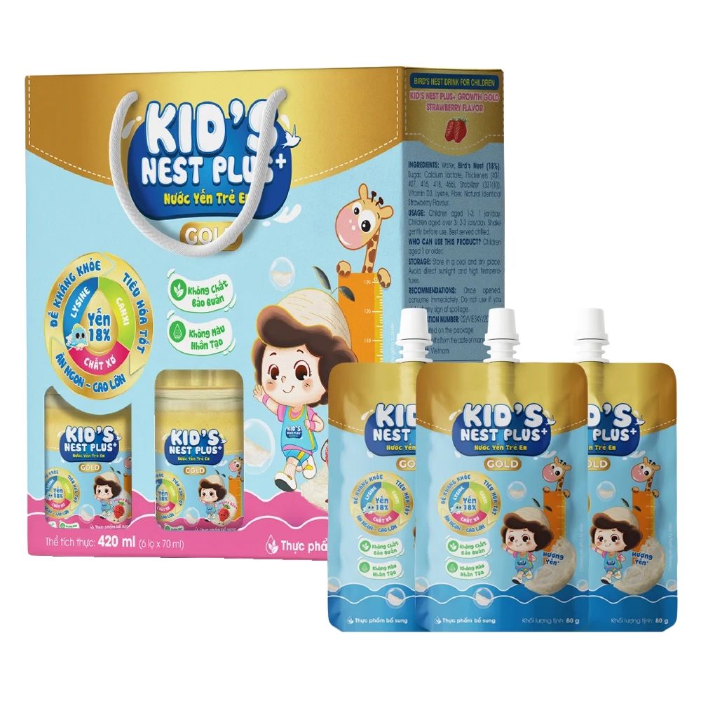 Nước Yến Kids Nest Plus+ Growth Gold Hương Dâu 18% (Lốc 6 tặng 3 túi)