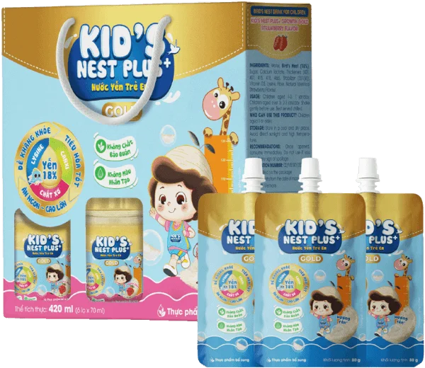 Nước Yến Kids Nest Plus+ Growth Gold Hương Dâu 18% (Lốc 6 tặng 3 túi)