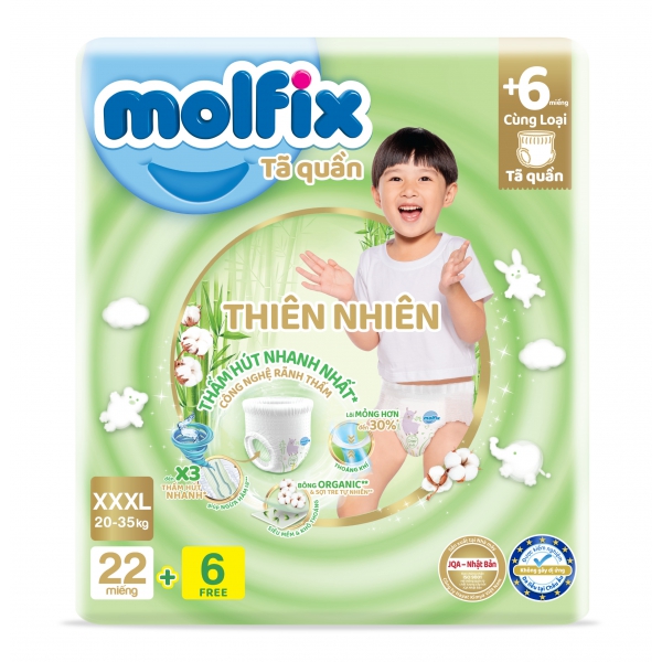 Bỉm tã quần Molfix thiên nhiên (XXXL, 20-35kg, 22 miếng) + 6 miếng