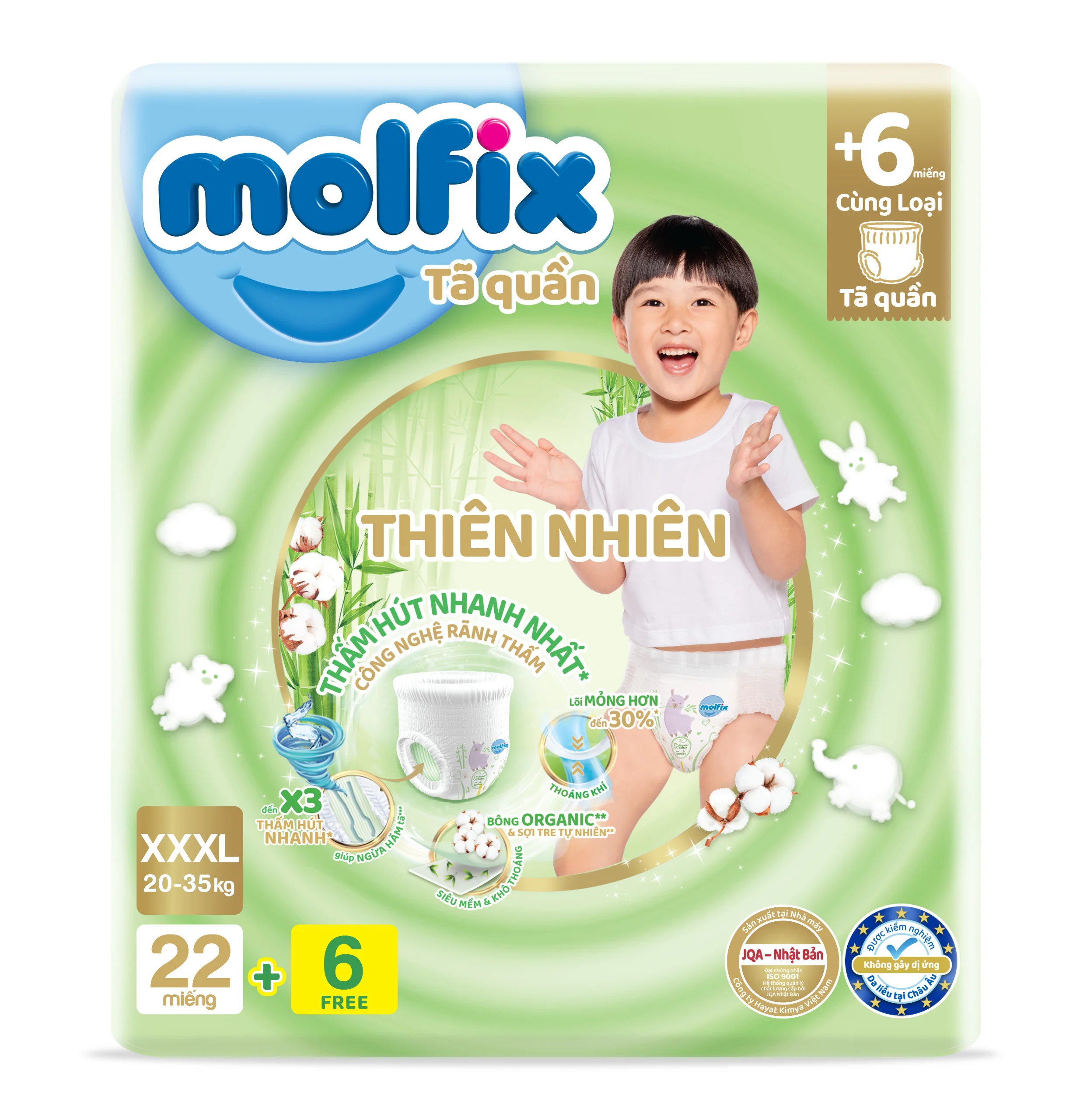 Bỉm tã quần Molfix thiên nhiên (XXXL, 20-35kg, 22 miếng) + 6 miếng