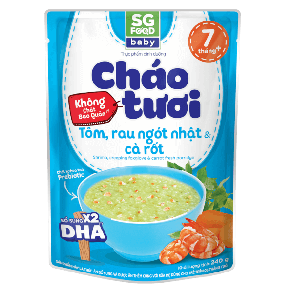 Combo 2 Cháo tươi baby tôm rau ngót Nhật cà rốt 240g, SG Food, 7 tháng