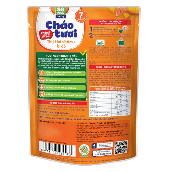 Cháo tươi baby thịt thăn bằm bí đỏ 240g, SG Food, 7 tháng