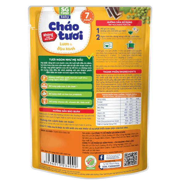 Cháo tươi baby lươn đậu xanh 240g, SG Food, 7 tháng