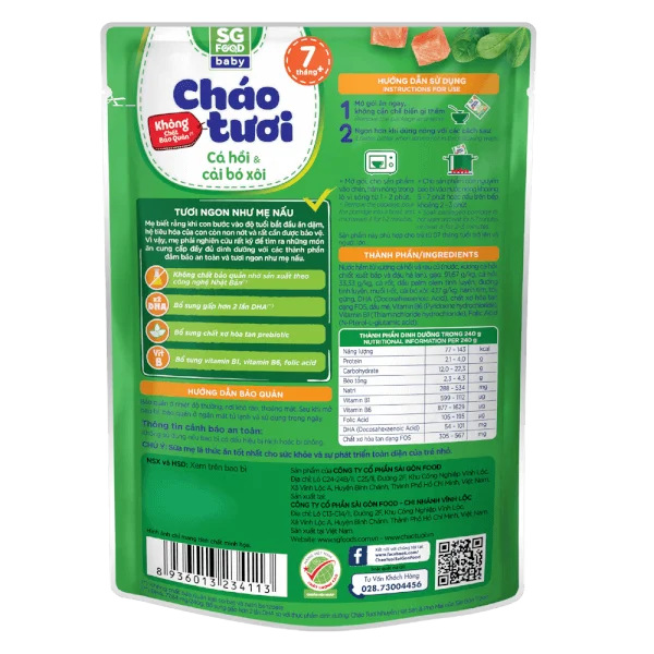 Cháo tươi baby cá hồi cải bó xôi 240g, SG Food, 7 tháng