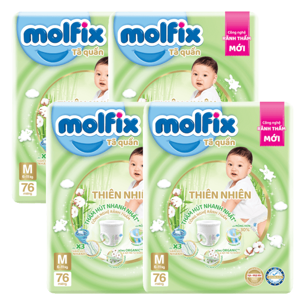 Combo 4 Tã quần Molfix Thiên Nhiên (M, 6 - 11kg, 76 miếng) (giao bao bì ngẫu nhiên)