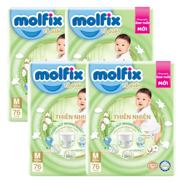 Combo 4 Tã quần Molfix Thiên Nhiên (M, 6 - 11kg, 76 miếng) (giao bao bì ngẫu nhiên)