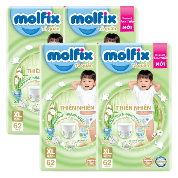 Combo 4 Tã quần Molfix thiên nhiên (XL, 12-17kg, 62 miếng) (giao bao bì ngẫu nhiên)