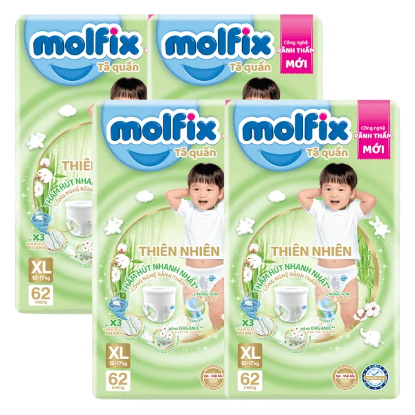 Combo 4 Tã quần Molfix thiên nhiên (XL, 12-17kg, 62 miếng) (giao bao bì ngẫu nhiên)