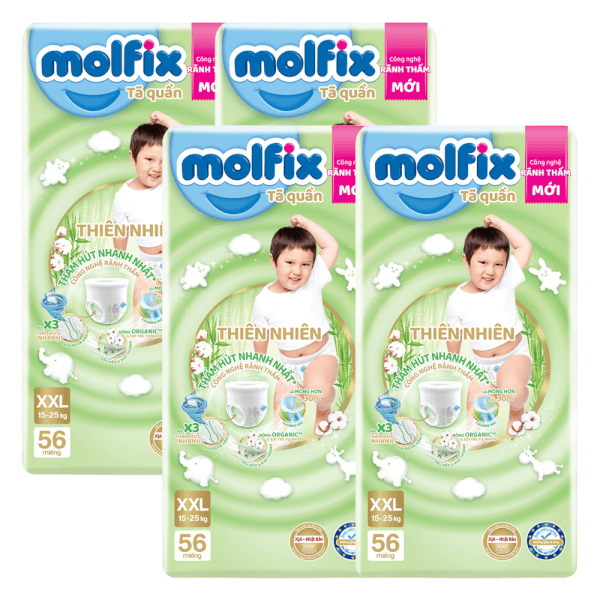 Combo 4 Tã quần Molfix Thiên Nhiên (XXL, 15 - 25kg, 56 miếng) (giao bao bì ngẫu nhiên)