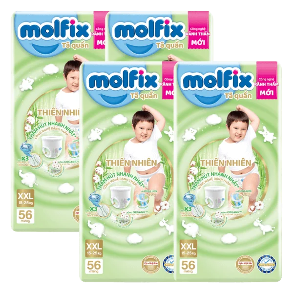 Combo 4 Tã quần Molfix Thiên Nhiên (XXL, 15 - 25kg, 56 miếng) (giao bao bì ngẫu nhiên)