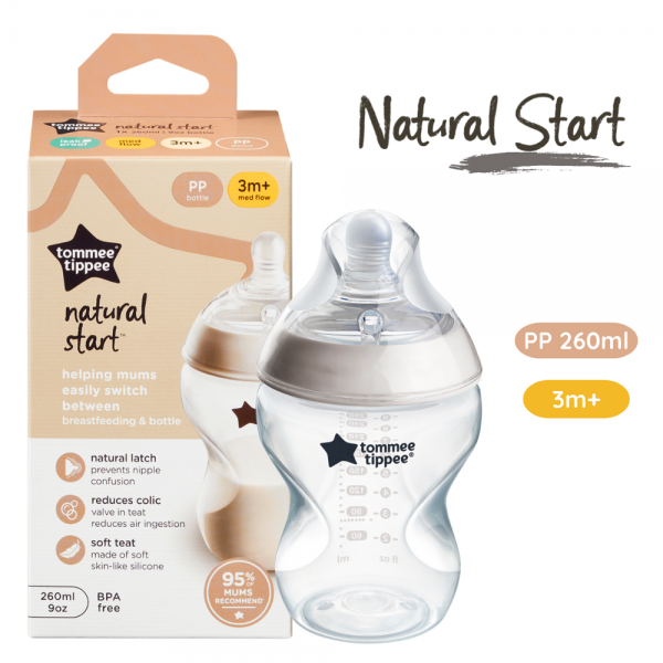 Bình sữa PP ty siêu mềm tự nhiên Tommee Tippee Natural Start 260ml, núm ty đi kèm 3-6 tháng