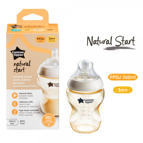 Bình Sữa PPSU Ty Siêu Mềm Tự Nhiên Tommee Tippee Natural Start 260ml, Núm Ty Đi Kèm 3-6 Tháng