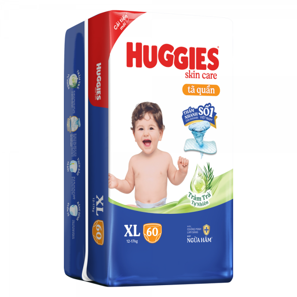 Combo 4 Tã quần Huggies Skincare gói cực đại (XL, 12-17kg, 60 miếng)