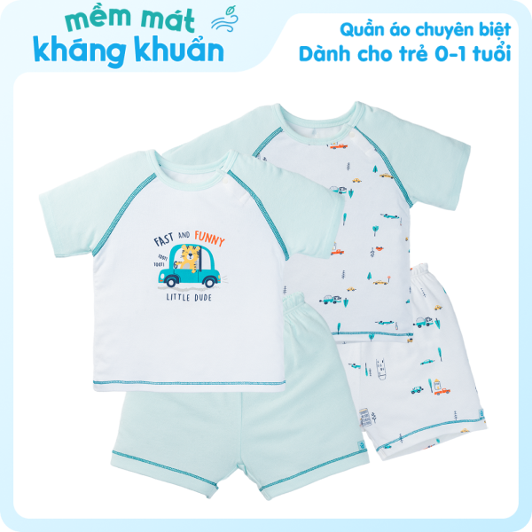 Set 2 Bộ kháng khuẩn Modal ngắn Xe hơi Animo VD1023003 (0-24M,Xanh ngọc)