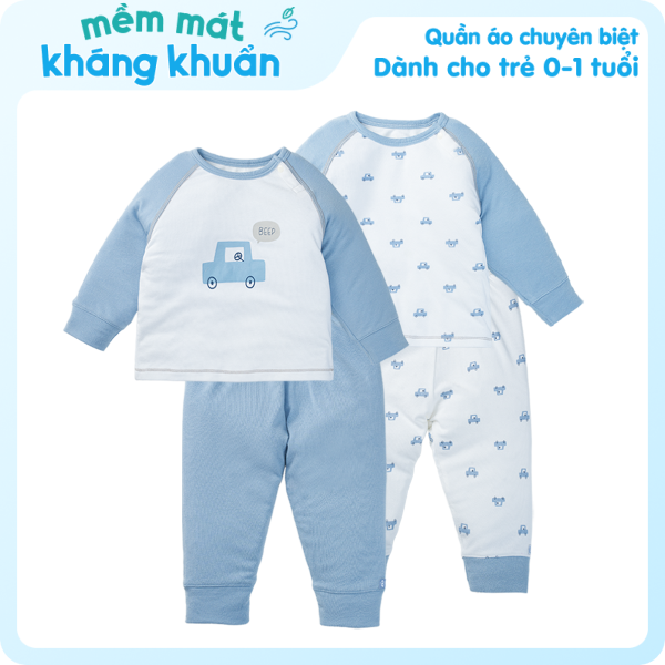 Set 2 Bộ kháng khuẩn Modal dài Xe hơi Animo VD1023005 (0-24M,Xanh biển)