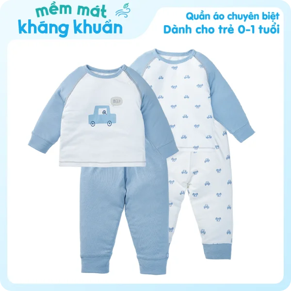 Set 2 Bộ kháng khuẩn Modal dài Xe hơi Animo VD1023005 (0-24M,Xanh biển)