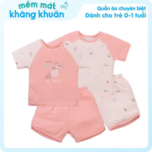 Set 2 Bộ kháng khuẩn Modal ngắn Chích bông Animo VD1023004 (0-24M,Hồng Dâu)