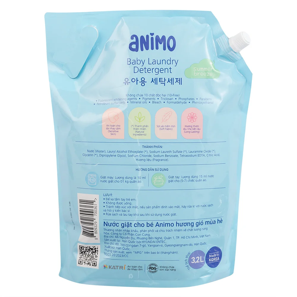 Nước giặt cho bé Animo hương làn gió mùa hè túi refill 3,2L