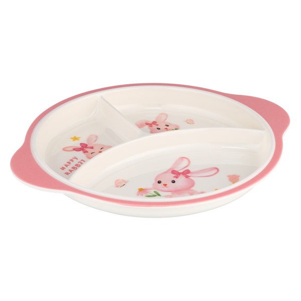 Khay ăn dặm 3 ngăn melamine cao cấp Moreware (W3028, tròn, thỏ hồng)