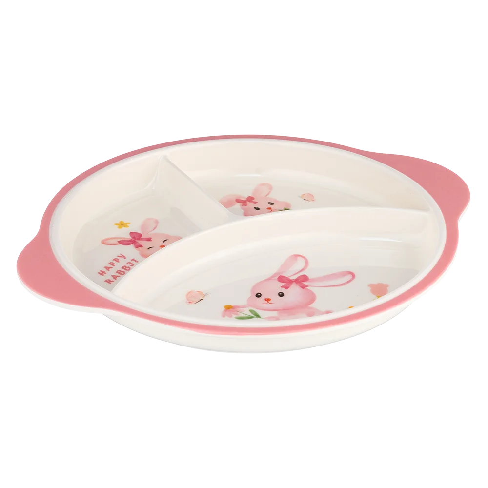 Khay ăn dặm 3 ngăn melamine cao cấp Moreware (W3028, tròn, thỏ hồng)