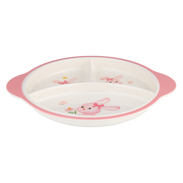 Khay ăn dặm 3 ngăn melamine cao cấp Moreware (W3028, tròn, thỏ hồng)