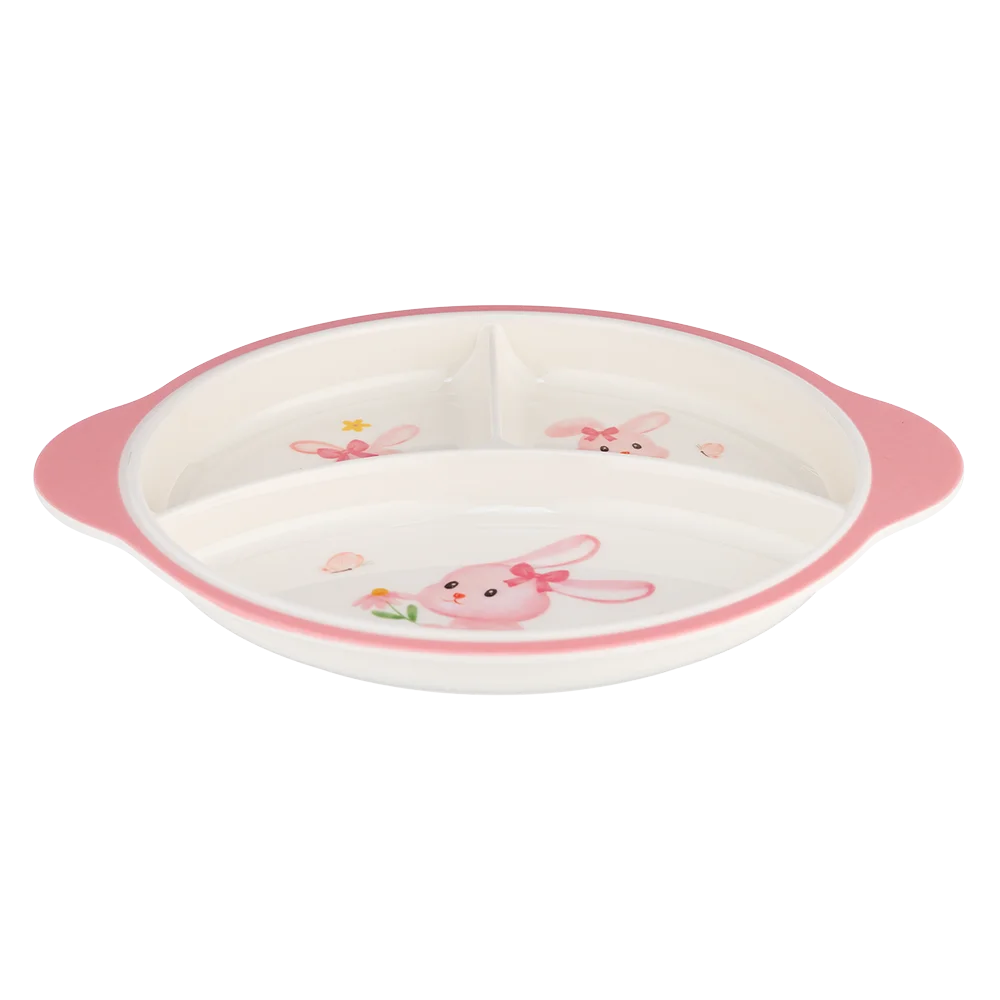 Khay ăn dặm 3 ngăn melamine cao cấp Moreware (W3028, tròn, thỏ hồng)