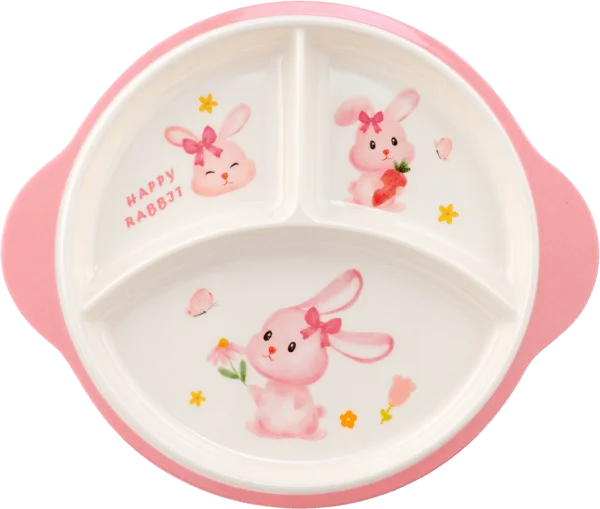 Khay ăn dặm 3 ngăn melamine cao cấp Moreware (W3028, tròn, thỏ hồng)