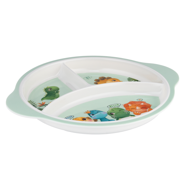 Khay ăn dặm 3 ngăn melamine cao cấp Moreware (W3028, tròn, khủng long)