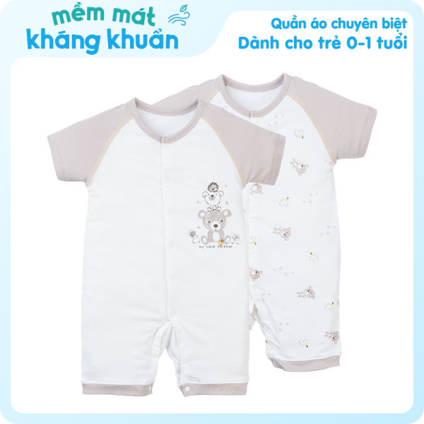 Set 2 Bodysuit kháng khuẩn đùi Gấu nhỏ Animo VD1023008 (0-12M,Trắng)